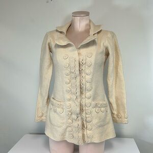 Vintage Handmade Wool Blend Snap Front Womens Size M Cream Embellished Cardigan